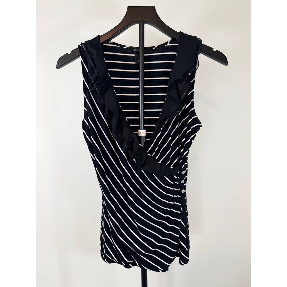 White House Black Market Striped Ruffle V-Neck Faux Wrap Top Black White Small